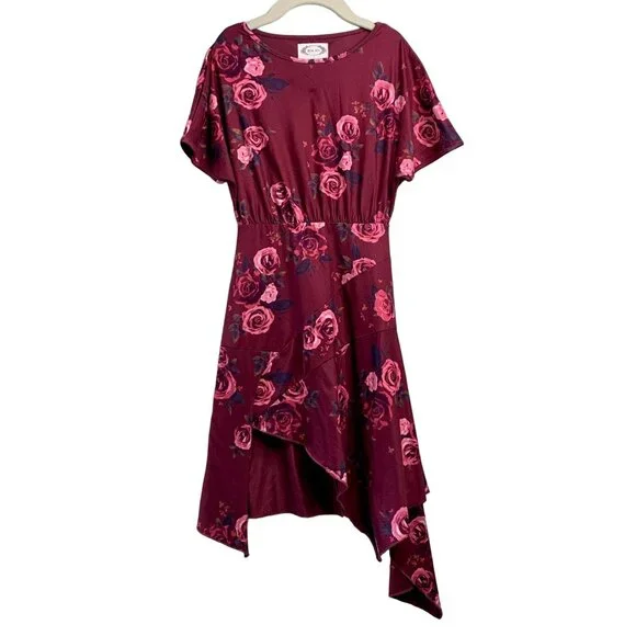 MIA JOY Asymmetric Hem Girls Dress Girls 4 4T Burgundy Joyfolie Pink Rose Print - Picture 1 of 4